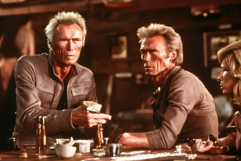 Prompt: film still of clint eastwood 3 0 years old as blondie aiming a colt in tavern scene in new star wars movie 4 k