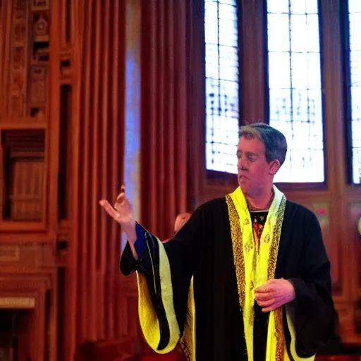 Image similar to robed Alastair Crowley giving a magick lecture in front of the United States senate, photojournalism, news, CNN, intricate detail, award winning photography,