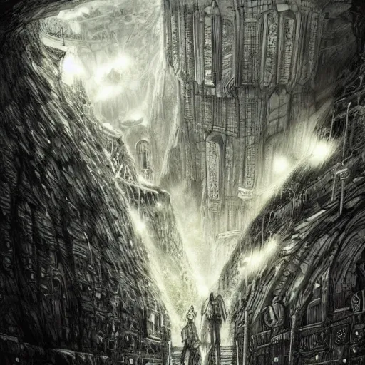 Prompt: stunning concept art for an underground city by kentaro miura, hyper-detailed, professional illustration