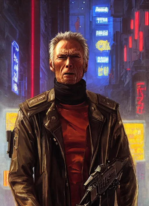 Image similar to clint eastwood. cyberpunk mercenary in a cyberpunk jumpsuit ( blade runner 2 0 4 9, cyberpunk 2 0 7 7 ). orientalist portrait by john william waterhouse and james gurney and theodore ralli and nasreddine dinet, oil on canvas. cinematic, hyper realism, realistic proportions, dramatic lighting, high detail 4 k