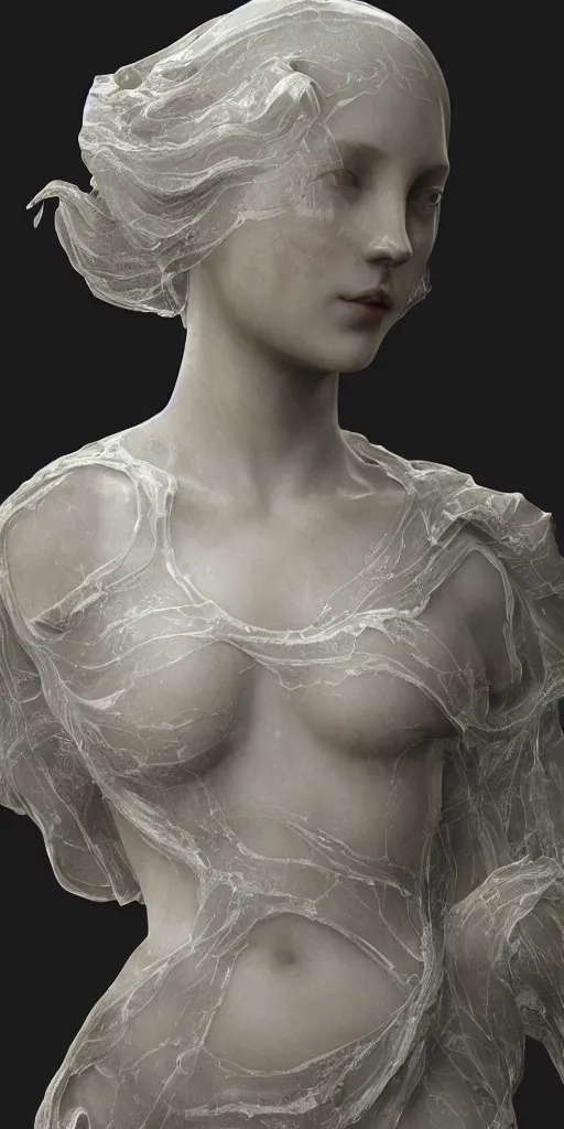Prompt: a delicate renaissance marble sculpture covered with water veil, highly detailed transparent marble cloth, gi, global illumination, physically based rendering, photorealistic, top light, dark background by Edgar Maxence and Ross Tran