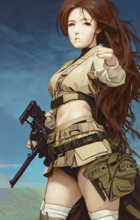 Image similar to infantry girl, anime style, symmetrical facial features long hair, hair down, under heavy fire, explosions, wallpaper, hyper realistic, pale skin, rule of thirds, extreme detail, 4 k, detailed drawing, trending artstation, realistic lighting, trading card, by alphonse mucha, greg rutkowski, sharp focus, backlit, fast helmet