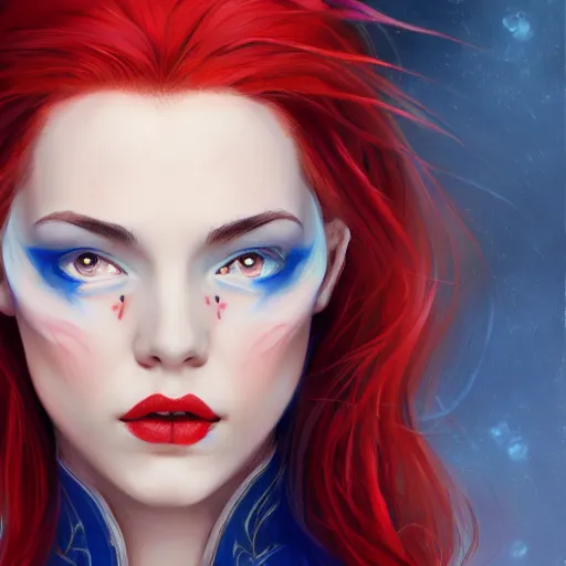 Image similar to A detailed matte oil on canvas head on symmetrical portrait of a distinguished elven woman with red and blue hair on an empty background, by Charlie bowater, Wlop, trending on artstationhd, dungeons and dragons art, parted hair , half blue, half red , split dye, critical role