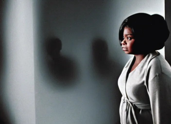 Image similar to cinematic screenshot of octavia spencer in an abandoned house surrounded by mannequins, screenshot from the tense being john malcovich thriller film ( 2 0 0 1 ) directed by spike jonze, dramatic backlit window, volumetric hazy lighting, moody cinematography, 3 5 mm kodak color stock, 2 4 mm lens, ecktochrome