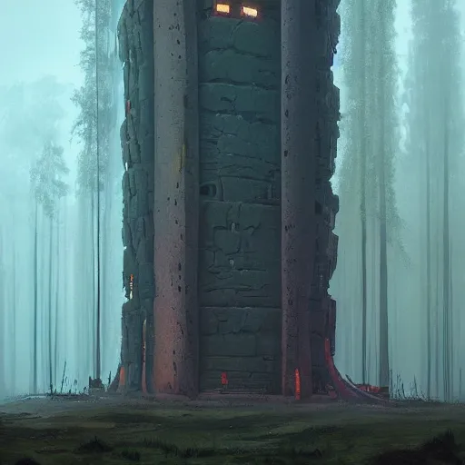 Image similar to monumental old ruins tower of a dark misty forest, overcast, sci - fi digital painting by simon stalenhag