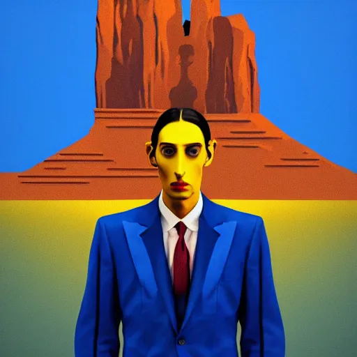 Image similar to ultra realistic portrait ofa man in suit in a studio, ultra detailed, under blue, red and yellow cinematic lighting, salvador dali, cartoon, monument valley, escher