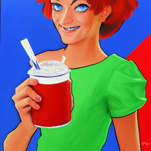 Image similar to painting of the pepsi logo personified as a soda themed girl in the style of ken sugimori