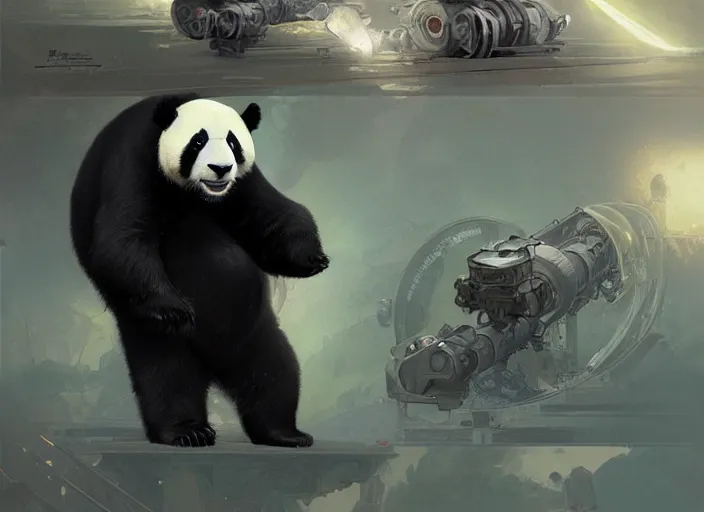 Prompt: a giant panda bear with a giant proton cannon in his back, elegant, technology, highly detailed, digital painting, artstation, concept art, smooth, sharp focus, illustration, art by krenz cushart and artem demura and alphonse mucha