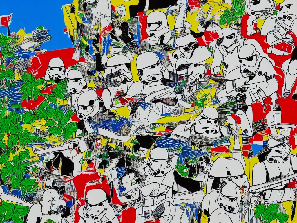 Image similar to detailed close - up image of the japanese home with a garden, stormtrooper in hot springs, pop - art style, jacky tsai style, andy warhol style, roy lichtenstein style, rich palette, acrylic on canvas