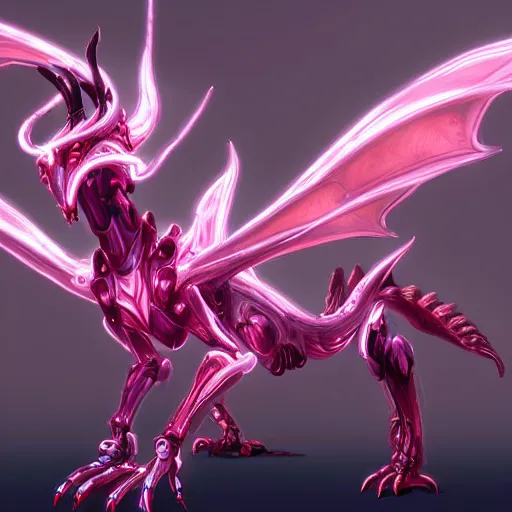 Image similar to highly detailed exquisite fanart, of a beautiful female warframe, but as an anthropomorphic elegant robot female dragoness, glowing eyes, shiny and smooth off-white plated armor, bright Fuchsia skin beneath the armor, sharp claws, robot dragon four fingered hands, and robot dragon three clawed feet, royal elegant pose, full body and head shot, epic cinematic shot, professional digital art, high end digital art, singular, realistic, DeviantArt, artstation, Furaffinity, 8k HD render, epic lighting, depth of field