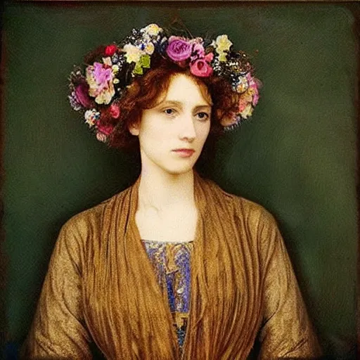 Prompt: “portrait of beautiful sad woman, Pre-Raphaelites, blond curly hair, intricate clothes an flower crown, gold and indigo colours”