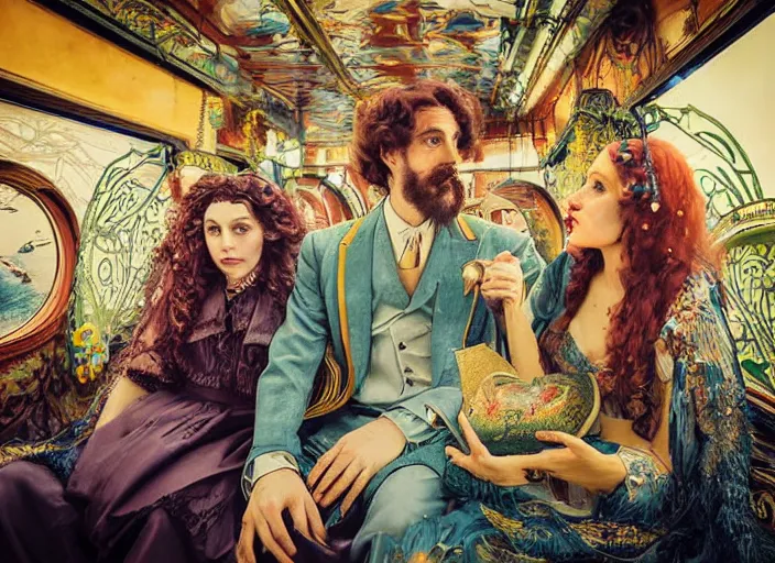 Prompt: incredibly beautiful breathtakingly detailed colour art nouveau photograph double portrait of an amazingly cool odd characterful couple sat down, in the inside of the beautiful underwater train to atlantis, full of crowds of people sat down wearing unusual clothes, each individual face amazingly detailed with lifelike expressions, ultra wide angle, 4 k