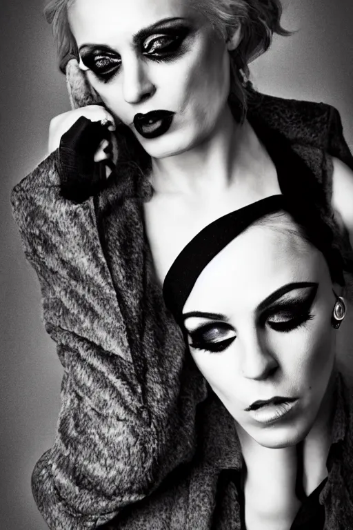 Image similar to a fashion photo portrait of Bernie Sanders, full makup, smokey eye, fetish, leather, pvc, medium shot. In the style of Helmut newton, robert maplethorpe, Stefano Brunesci, Lachlan Bailey, Herb Ritts, Ellen Von Unwerth, Haris Nukem, Sardax, Annie Leibovitz. detailed photo, hd, 4k, trending on artstation, b&w, 35mm, f1.8