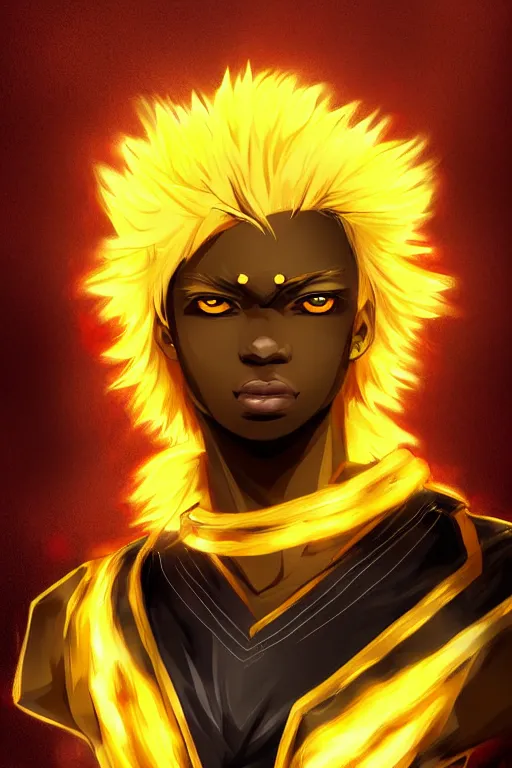 Prompt: glowing black male anime character, golden hair, yellow eyes, symmetrical, face picture, portrait, highly detailed, digital art, sharp focus, trending on art station, samurai, electricity superpowers, anime art style