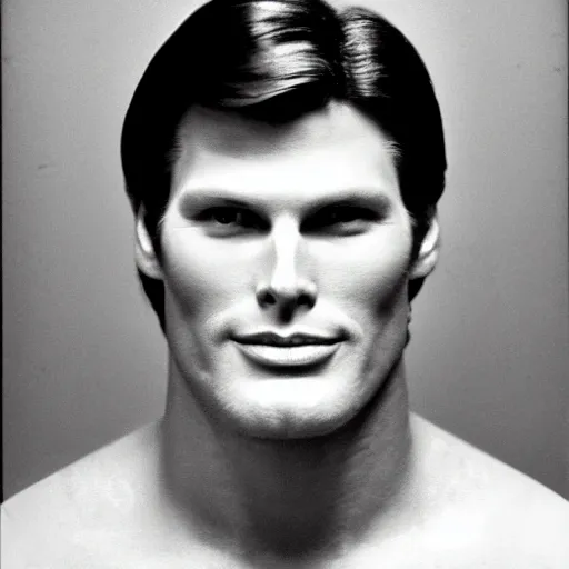 Prompt: Mugshot Portrait of Christopher Reeves, taken in the 1970s, photo taken on a 1970s polaroid camera, grainy, real life, hyperrealistic, ultra realistic, realistic, highly detailed, epic, HD quality, 8k resolution, body and headshot, film still, front facing, front view, headshot and bodyshot, detailed face, very detailed face