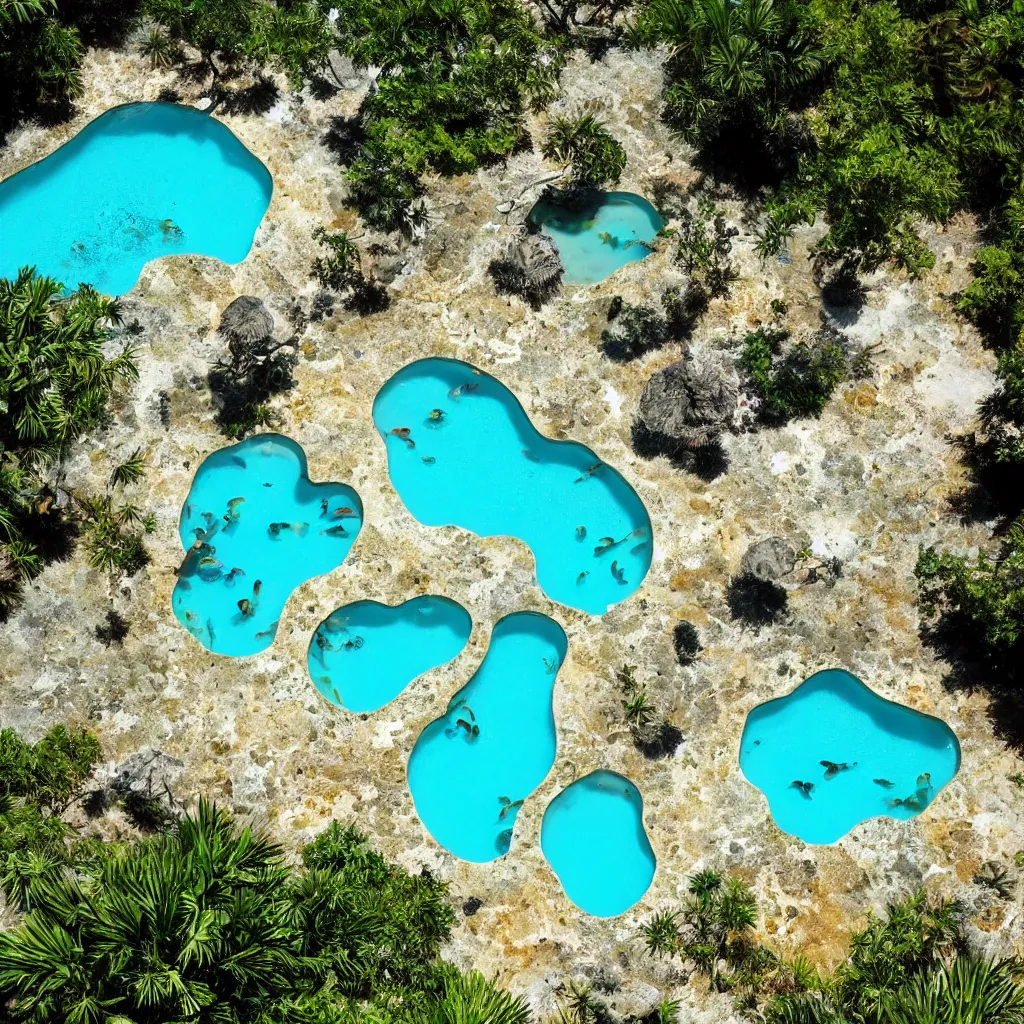 Image similar to endless travertine pools filled with koi fish and sea turtles, birds eye view, bright blue glowing water, magical