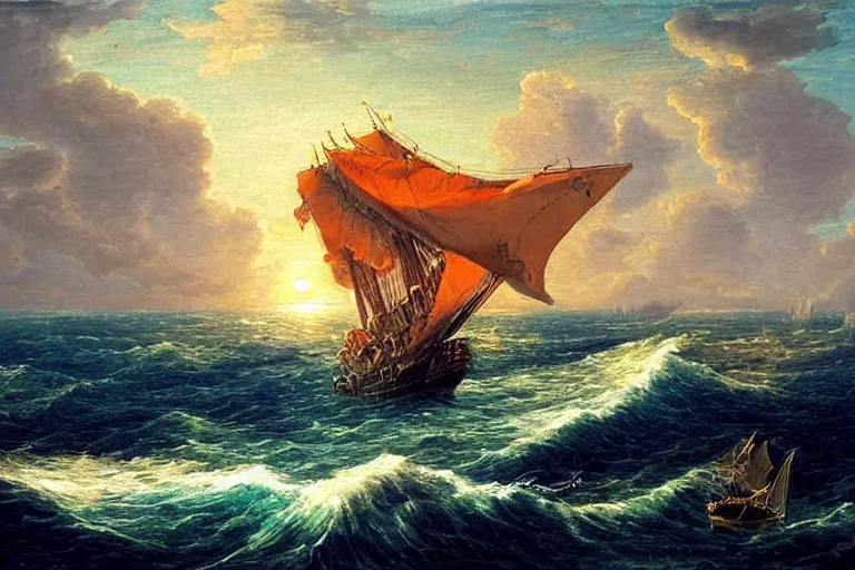 Image similar to beautiful ocean landscape man o war ship sailing with waves, mythology, fantasy, landscape background, vivid colors, digital painting, very detailed, realistic, high quality, by claude lorrain