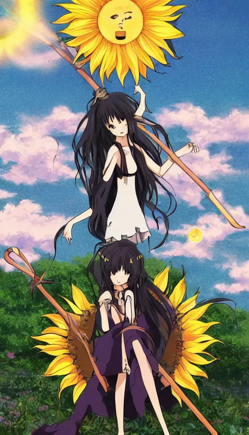 Prompt: the being death as a cute anime girl with a giant cute sun flower scythe from a studio ghibli film inspired by the death tarot card