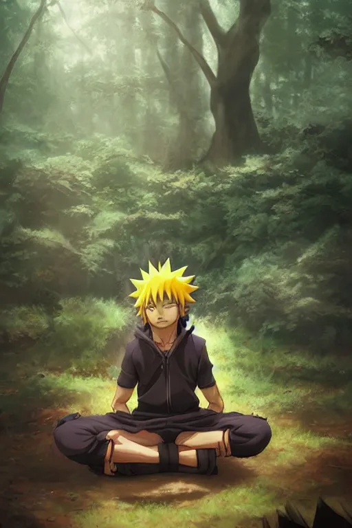 Image similar to photorealistic dark fantasy concept art of Naruto meditating in a forest, dynamic lighting, stunning visuals, realism, cinematic, hyper detailed, ultra detailed, beautiful visuals and sunset