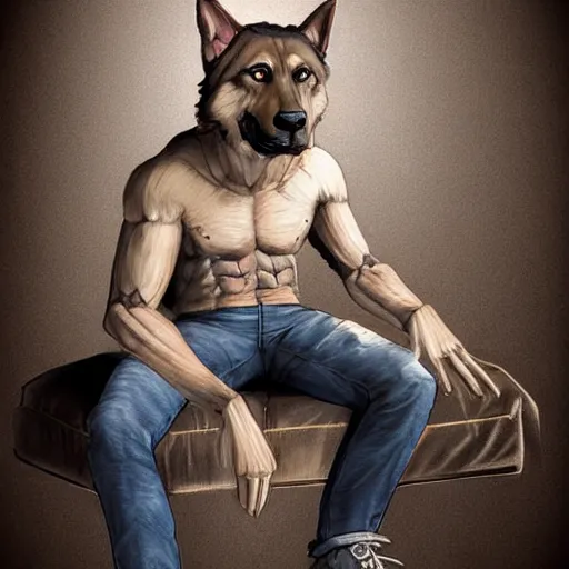 Image similar to a humanoid german shepherd beast - man, sitting on a couch and puts on jeans, artstation, concept art, smooth, sharp foccus ilustration, artstation