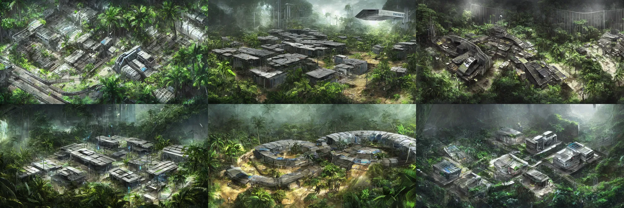 Prompt: small futuristic maximum security prison in jungle surrounded by many poor slums, tropical climate, award winning, video game concept art, scifi, rural dystopian, UE5