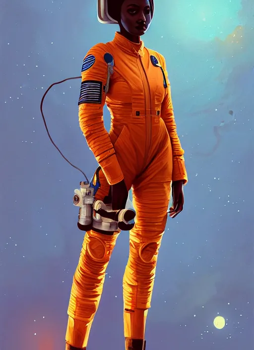 Image similar to full body portrait of young black woman as an astronaut, orange flight jumpsuit, intricate, beautiful and elegant, highly detailed, digital painting, artstation, concept art, smooth, sharp focus, illustration, art by wlop, mars ravelo and greg rutkowski