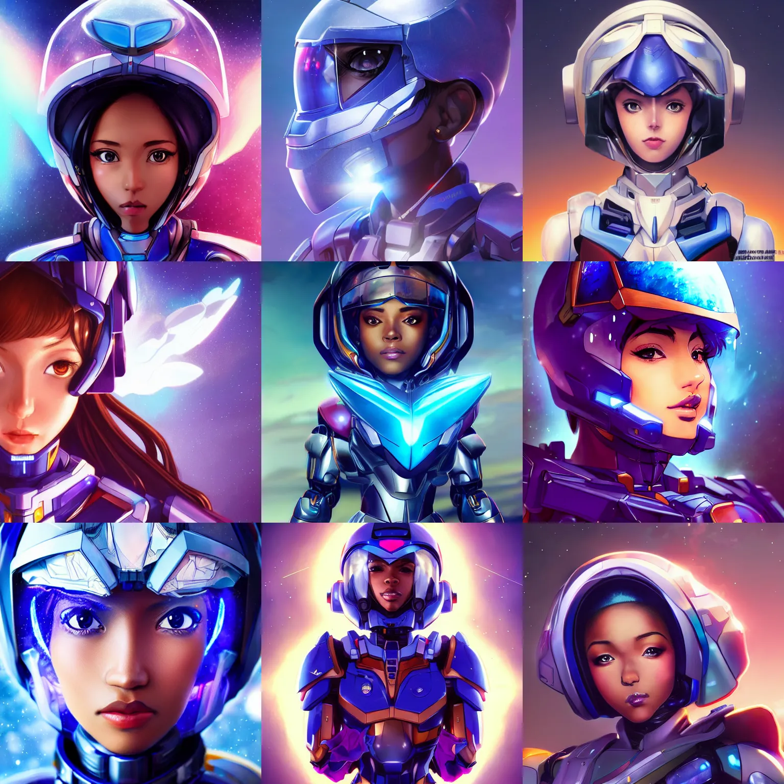 Prompt: portrait cartoon manga anime render of a strikingly gorgeous tanzanite 👩🏿, wearing an intricate gundam pilot helmet, rossdraws, artgerm, norman rockwell, emiliano ponzi, epic composition, hd, octane, unreal engine, volumetric lighting, light rays, masterpiece, award - winning