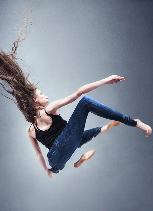 Prompt: a shocking radically realistic fine art painting of a early twenties female parkour scene wearing jeans and flowing hair, inspired by David Stoupakis, studio portrait, muted colors, detailed hair, cinematic lighting, 4K
