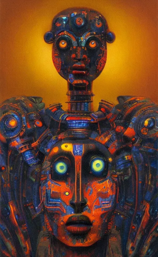 Image similar to portrait of mecha african tribal chief, symmetrical, dramatic lighting, colourful, glowing eyes, art by zdzislaw beksinski,