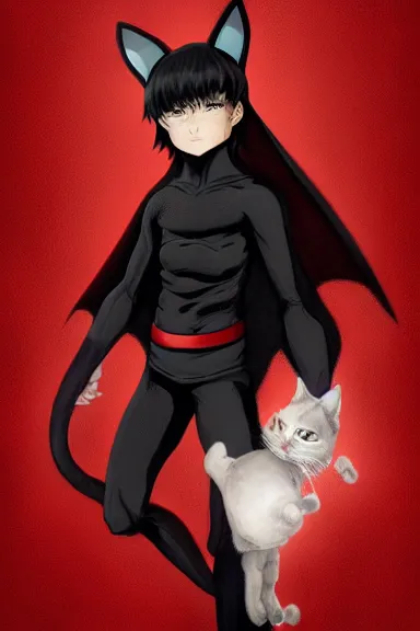 Image similar to little boy with cat ears in an black outfit with red cape. digital artwork made by lois van baarle and kentaro miura and marc simonetti and sakimichan, sharpness focus, inspired by hirohiko araki, anatomically correct, heroic composition, hero pose, smooth