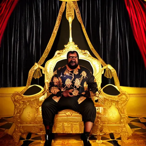 Image similar to Large black man sitting on throne wrapped in silk, background made of large folding curtains, blacklight lighting, dark, hyper detailed, hyper realistic, 8K phot realistic,