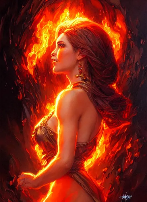 Prompt: The Fire Queen, beautiful woman, fire, flames, dramatic, hyperdetailed | ralph horsley, art by artgerm and greg rutkowski | waist-up portrait