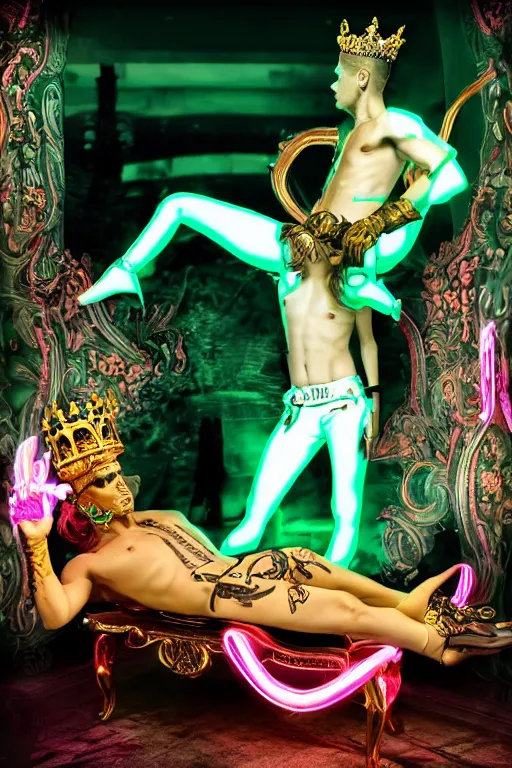 Prompt: full-body rococo and cyberpunk style neon statue of a young attractive brazilian macho dotado e rico android sim roupa reclining con las piernas abertas e la piroca dura, glowing mint laser eyes, golden prince crown, black steampunk gears, pink diamonds, swirling mint-colored silk fabric. futuristic elements. black dripping tar. full-length view. space robots. human skulls. intricate artwork by caravaggio. Trending on artstation, octane render, cinematic lighting from the right, hyper realism, octane render, 8k, depth of field, 3D