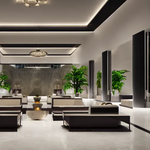 Image similar to realistic luxury hotel lobby interior in miami with pools in the background, corona render, detailed, symmetrical, minimal, clean, vegetation, herzog and de meuron