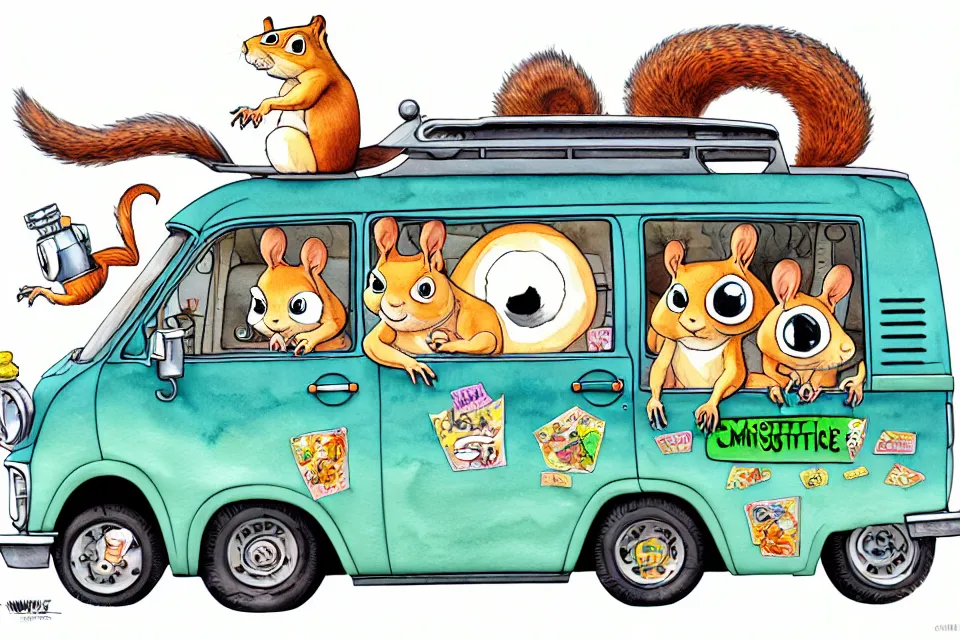 Image similar to cute and funny, squirrel riding in a mystery machine van, ratfink style by ed roth, centered award winning watercolor pen illustration, isometric illustration by chihiro iwasaki, edited by range murata, tiny details by artgerm and watercolor girl, symmetrically isometrically centered, sharply focused