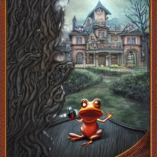 Image similar to A portrait of a scary godlike anthropomorphic frog smoking a cigarette , mansion made of mushrooms in background . award winning. superb resolution. in the art style of junji Ito and greg rutkowski . Detailed Mushroom city in background. Hyper realistic anime. Perfect art. Dalle2