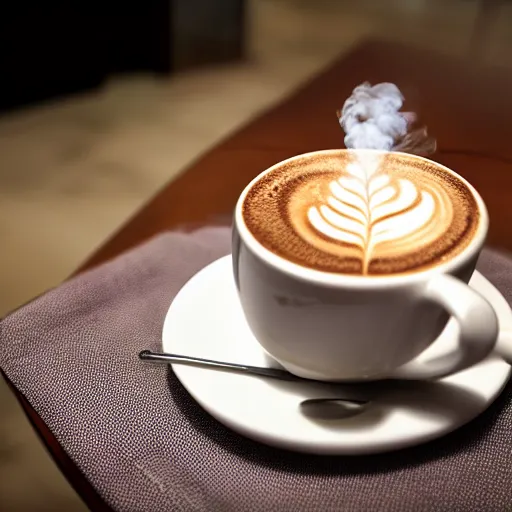 Prompt: photo of a steaming cup of cappuccino on a low table, croissant on a plate, empty hotel lobby, coffee spoon on a napkin, liminal, diffuse light, hdr, dslr