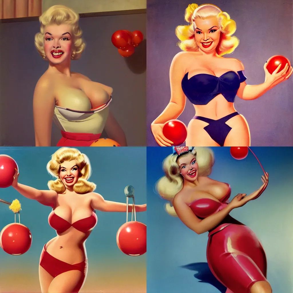 Prompt: Let\'s go bowling with Jayne Mansfield, voluptous bosom with cleavage:: smile and showing face, middle shot, exciting, fun, realistic character concept, curvy bosomy body:: red bowling ball:: artstation, cinematic lighting, hyperdetailed, cgsociety, 8k, high resolution:: Gil Elvgren, Mort Kunstler, Samson Pollen, Robert Maguire comic:: insanely detailed and intricate