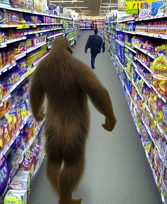 Image similar to cctv capture of bigfoot in a walmart looking for bananas