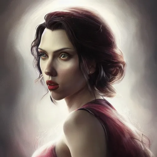 Image similar to detailed portrait of scarlett johansson as marceline, beautiful, fantasy, intricate, elegant, highly detailed, digital painting, artstation, concept art, matte, sharp focus, illustration, art by aenaluck, artgerm and roberto ferri and greg rutkowski, epic fantasy, digital painting