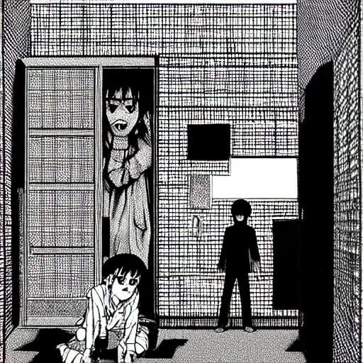 Prompt: neighbor drilling grid holes in a room, manga, black and white manga horror in style of junji ito, kentaro miura