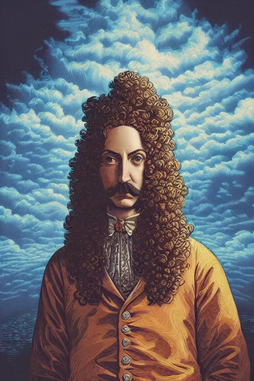 Image similar to Dan Mumford style portrait of ((Louis xiv)) in the style of Rob Lefield and Dan Mumford Dan Mumford , Greg rutkowski, trending on artstation, digital art, surrealism, macro, vaporwave