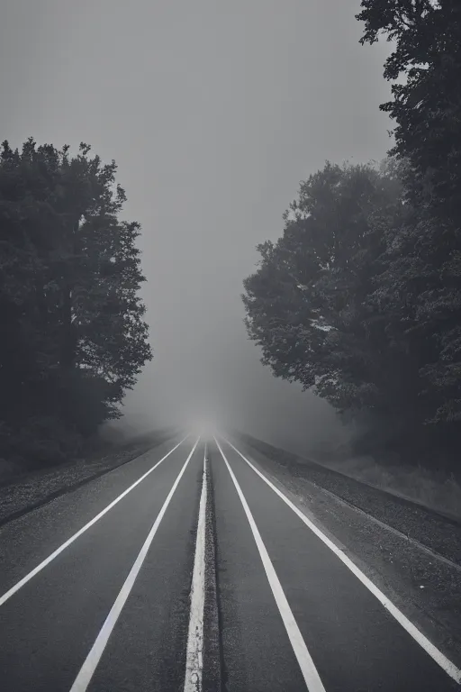 Image similar to long highway, lit by street lights, night, fog, award winning photography