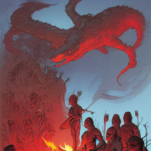 Prompt: torch wielding mob walking up a hill at night. Artwork by Frank Frazetta and dan Mumford. Horror feeling. Red and blue color scheme