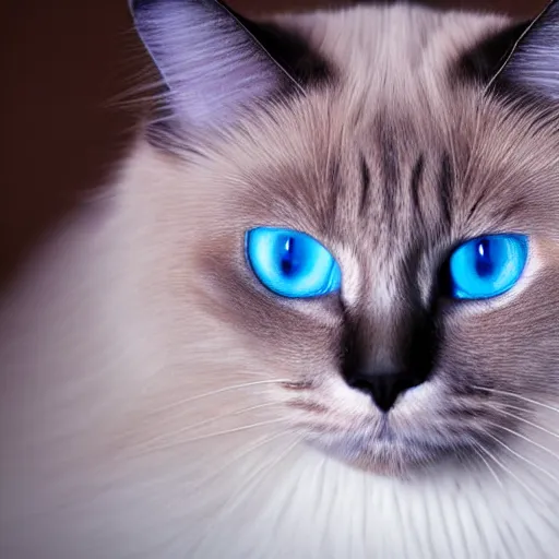 Prompt: full-body studio photograph of a birman cat, clear ice-blue eyes, warm brown colorpoints, hd, studio lighting, stock photo, longhaired, anatomically accurate