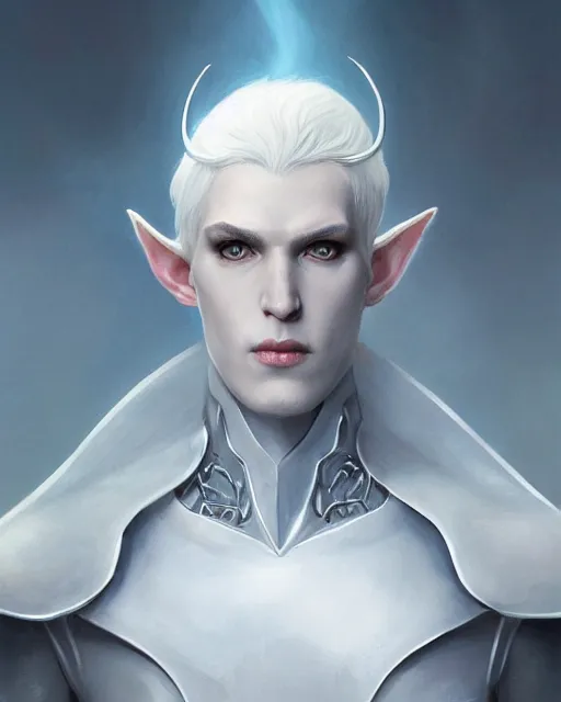 Image similar to character portrait of a slender young white haired half elven man with piercing blue eyes and pale bluish skin, wearing smooth sleek pearlescent black wraithbone armor, by greg rutkowski and mark brookes and jim burns and tom bagshaw and magali villeneuve, trending on artstation