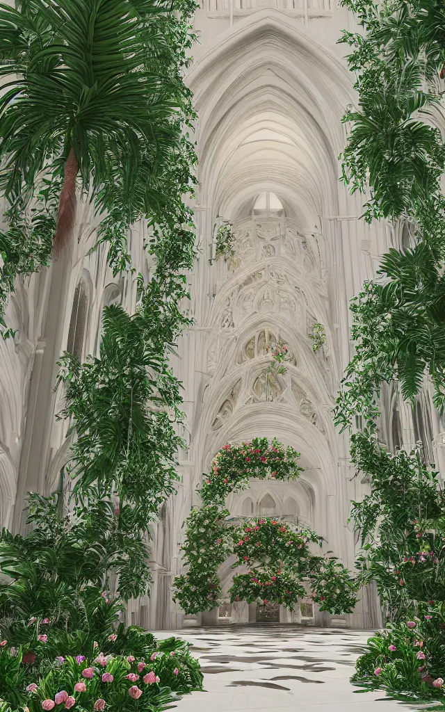 Image similar to beautiful grand cathedral interior with!! koi pond!! in the! middle! surrounded by palm trees, ivy,!! flowers!!, ( tropical plants ),!! roses!!, and with archways, rendered in octane render with photorealistic volumetric cinematic lighting, wide angle, horizontal symmetry, symmetrical! 8 k