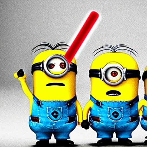 Prompt: the minions having a lightsaber duel with the minions,