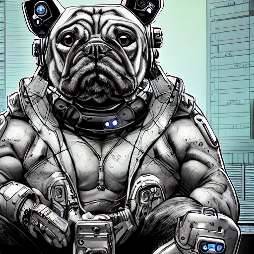 Image similar to « a comic styled cyborg bulldog sitting down, cyberpunk digital art by greg rutkowsky, illustration, sharp focus, highly detailed, future tech, sketchfab »