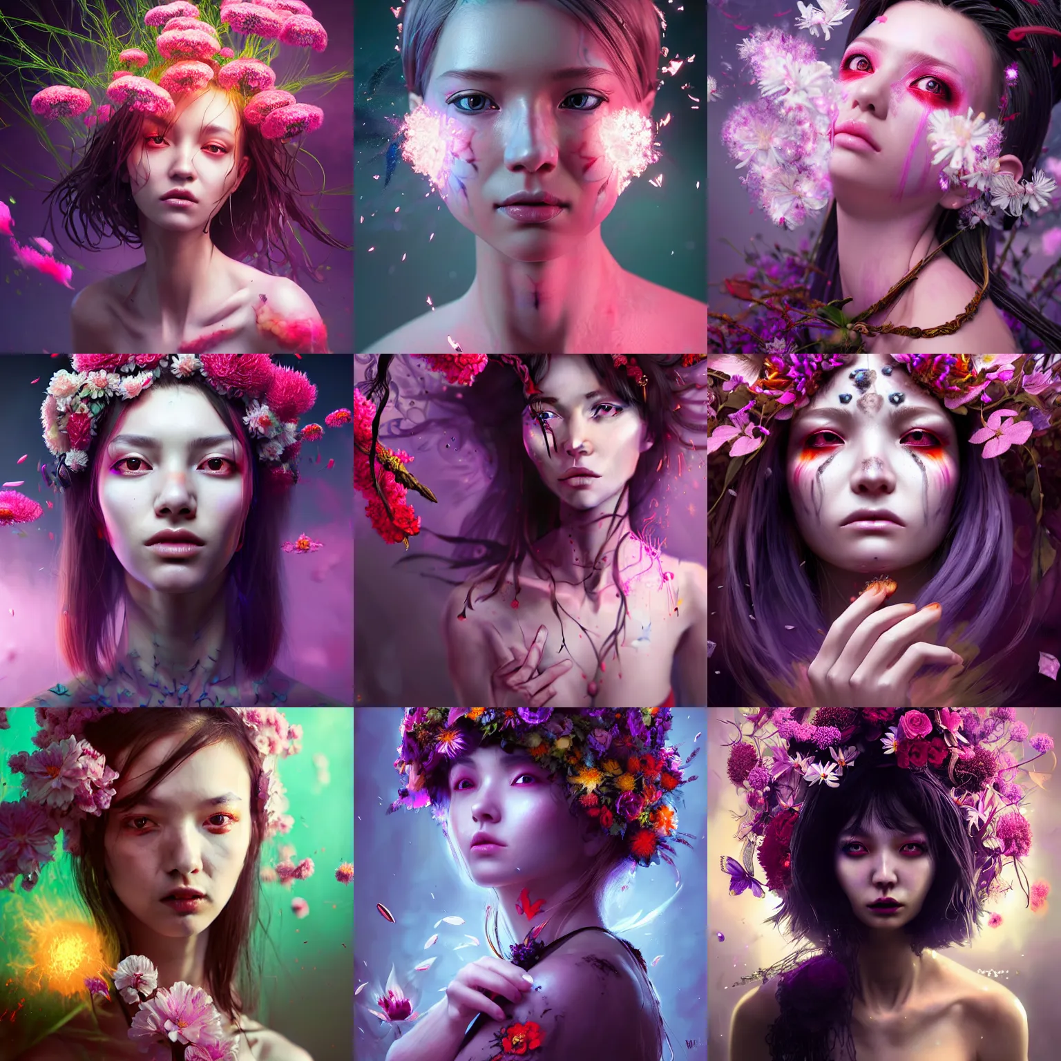 Image similar to beautiful girl necromancer, witch - doctor exploding into flowers by wlop, hyper - realistic detailed portrait by ilya kuvshinov, rtx reflections, octane 1 2 8 k, extreme high intricate details, digital abstract art by ross tran, medium shot, close up shot, composition by sana takeda, lighting by greg rutkowski